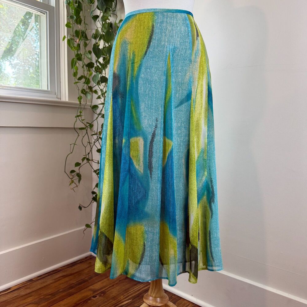 Vintage Y2K Evan-Picone Abstract Print Chiffon Midi Skirt Blue Green A-Line, 10